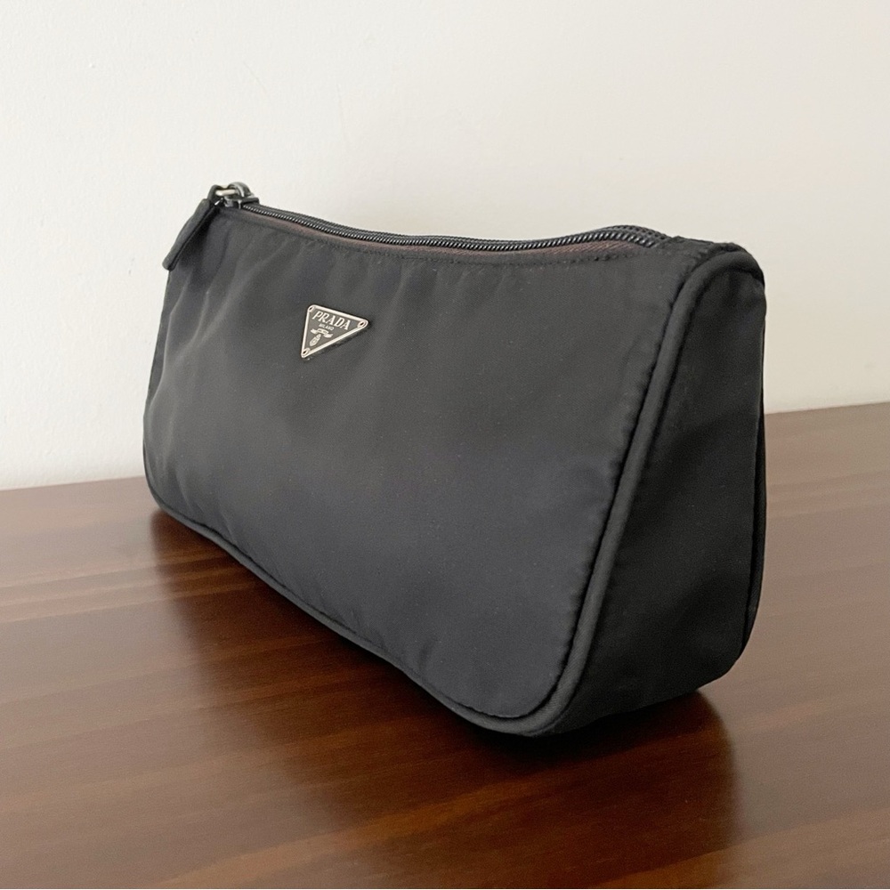 Prada black Tessuto nylon triangle logo semi formed travel cosmetic zip pouch - Picture 2 of 11